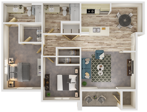 Floor plan for 2 beds, 2 baths, 1036 sqft